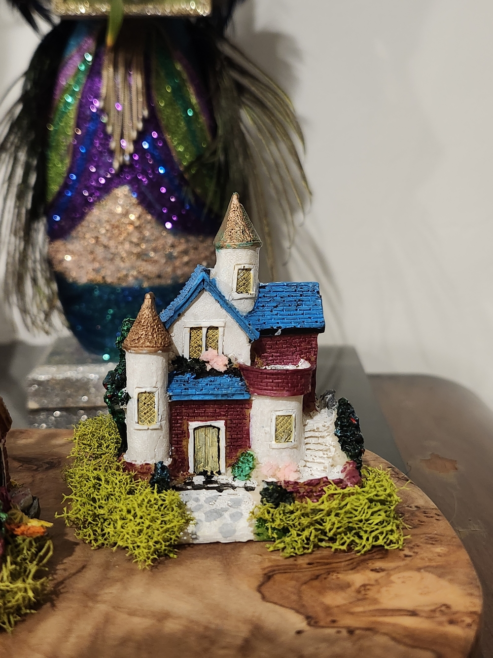 Decorative Miniature Cottage Figurine in Blue and Burgundy